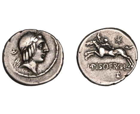 Roman Republican Coinage, L. Calpurnius Piso Frugi, Denarius, c. 90, laureate head of Apollo right, tanner’s knife behind, al