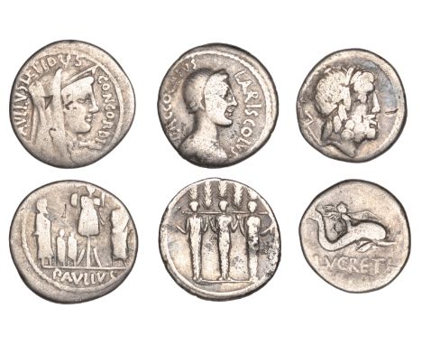 Roman Republican Coinage, Lucretius Trio, Denarius, c. 76, laureate head of Neptune right, trident over shoulder, rev. winged