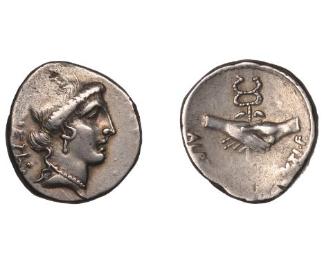 Roman Republican Coinage, Albinus Bruti f., Denarius, 48, head of Pietas right, [p]ietas behind, rev. two hands clasped over 