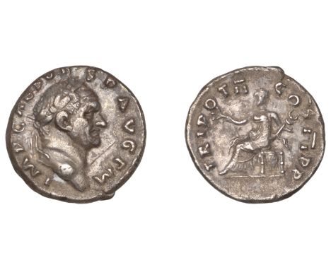 Roman Imperial Coinage, Vespasian, Denarius, 71, laureate head right, rev. Pax seated left holding branch and caduceus, 2.73g