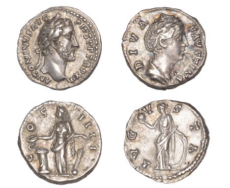 Roman Imperial Coinage, Antoninus Pius, Denarius, 148-9, rev. Salus standing, feeding snake with patera and holding rudder on