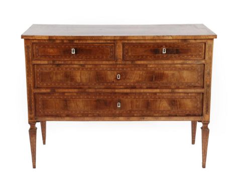 An 18th Century Italian Rosewood and Parquetry Decorated Commode, probably Lombardy, the strung, crossbanded and parquetry de