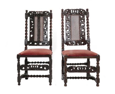 Two William &amp; Mary Walnut Chairs, late 17th century, each with caned seat and back flanked by spiral uprights below a cre