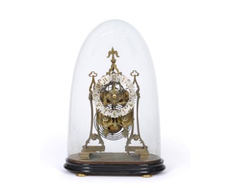 A Brass Skeleton Striking Mantel Clock, circa 1890, 6-inch silvered chapter ring with Arabic numerals, twin fusee movement wi