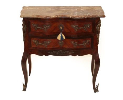 A Louis XV Kingwood Serpentine Commode, with marble top over two drawers, on cabriole legs, 80cm by 36cm by 80c