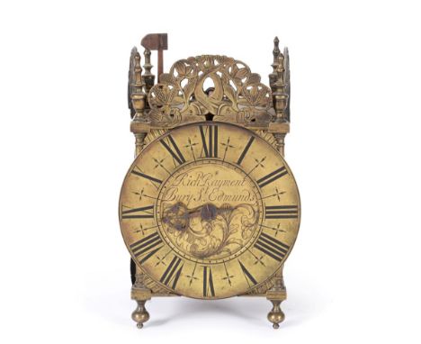 ~ A Brass Striking Lantern Clock, signed Richard Rayment, Bury St Edmunds, early 18th century, pierced dolphin frets, four po