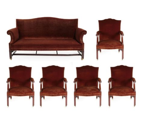 A 19th Century Six Piece Suite of George III Style Mahogany Seat Furniture, recovered in brown close-nailed velvet, comprisin