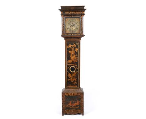 ~ A Green Chinoiserie Eight Day Longcase Clock, signed Joseph Green, North Shields, circa 1720, caddied pediment, green chino