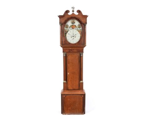 ~ An Oak and Mahogany Eight Day Oval Dial Longcase Clock, signed Wm Nicholas, Birmingham, circa 1800, swan neck pediment, Cor