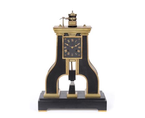 An Industrial ''Steam Hammer'' Striking Novelty Mantel Clock, signed Guilmet, Paris, circa 1880, A-framed case with industria