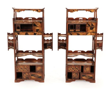 A Pair of Early 20th Century Japanese Elm and Parquetry Decorated Free-Standing Display Stands, of graduated form with two sm