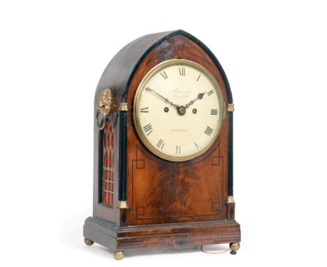 A Regency Mahogany Striking Table Clock, signed Barraud, Cornhill, London, lancet shaped pediment, side lion head ringed hand