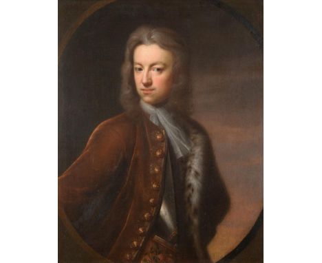 British School (18th century) Portrait of a gentleman, half length, wearing a brown coat and ermine trimmed cloak, in a feign
