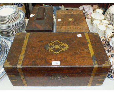A 19th century three-section tea caddy of sarcophagus shape, 33cm wide, mixing bowl lacking, a walnut brass-bound writing slo
