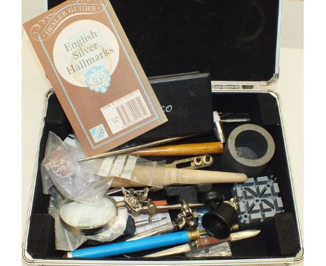 A quantity of jeweller's tools, including a set of Myco scales, lenses, pencil torch, tongs, etc, in case.