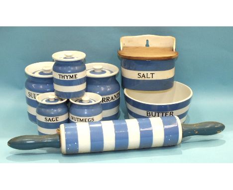 A good collection of TG Green 'Cornish' kitchenware, numerous named pieces, including a salt pig, flour and salt shakers and 