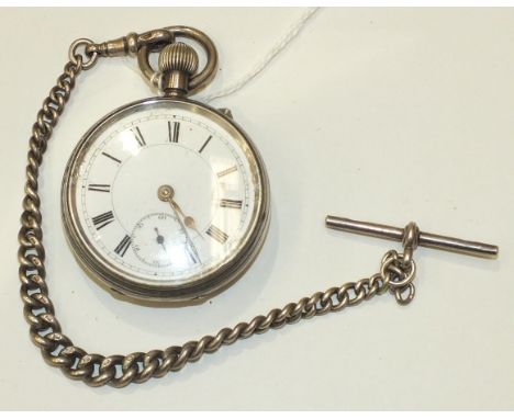 A Late-Victorian silver engine-turned open-face keyless pocket watch with white enamel dial, the movement stamped 'Warranted 