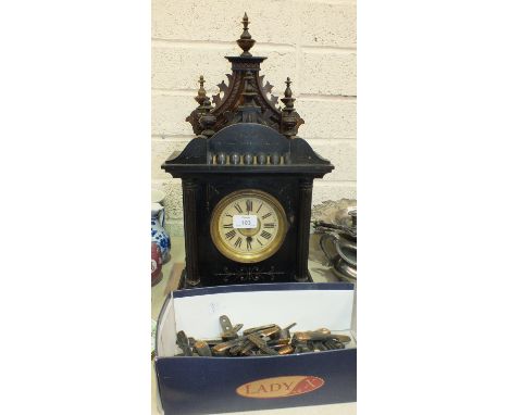 A late-19th/early-20th century stained wood striking mantel clock of architectural form, 54cm high, a smaller similar clock, 