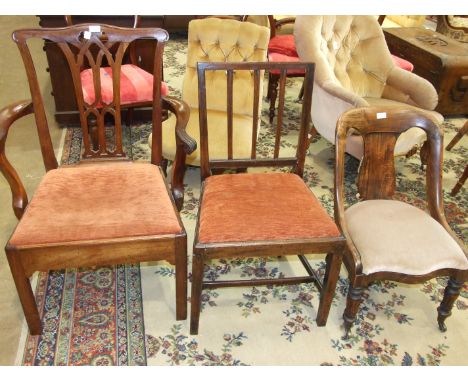 A Chippendale-style mahogany carver chair with drop-in seat, on square chamfered legs and other chairs.