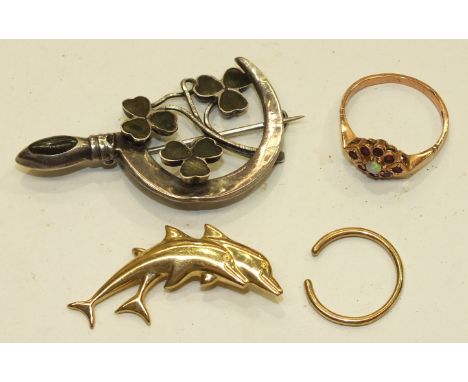 A small 9ct gold garnet and opal cluster ring, size N, a 9ct gold dolphin brooch, a small gold ring, total gold weight 3.8g a