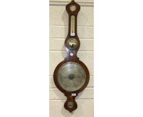 A late 19th century rosewood banjo barometer having mercurial column action, later spirit thermometer, dry/damp and level, 10