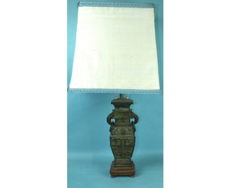 A modern bronzed metal table lamp in the form of a Chinese square vase, (the bronzed vase 30cm high), with extended lamp hold