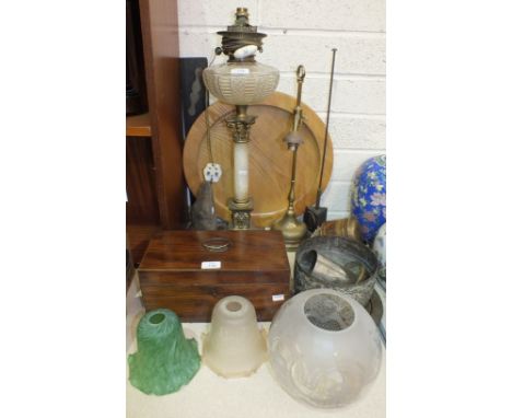 A late-19th century oil lamp, with clear cut-glass reservoir (a/f), brass and alabaster column on square brass base, 67cm, co