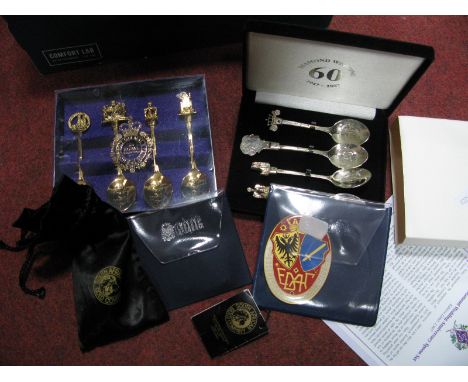 Two Sets of Modern British Monarchy Themed Commemorative Spoons, Essener - Damen Automobile Club enamel badge, La Police Badg