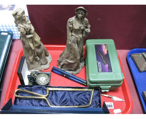 Kath Thorpe, pair of pottery figures of ladies (damages). XML-T6 torch, pocket watch, book mark, trowel, two pens, presentati