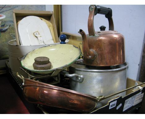 Bread Bin, vintage scales, cooking pot, wall clocks, copper pans etc:- One Box