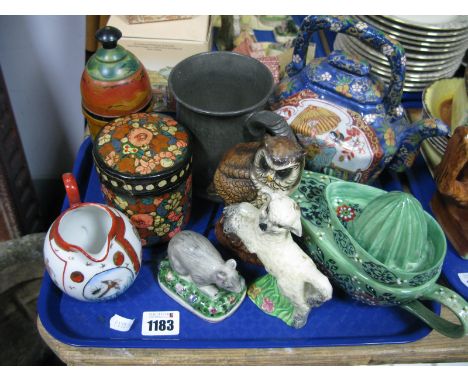 Japanese Hand Painted Tea Pot, owl, Wilkinson Ltd lamb, vintage printed wooden lidded pots, "Craftsman" pewter tankard, decor