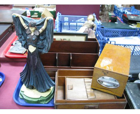 A Resin Art Deco Style Standing Female Figure Holding a Cloak Aloft, on stepped plinth base, length 36cm. Mahogany stationary