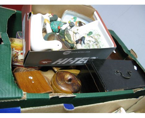 A XIX Century Ebonized Tea Caddy, mahogany box, tins, model ducks etc:- One Box