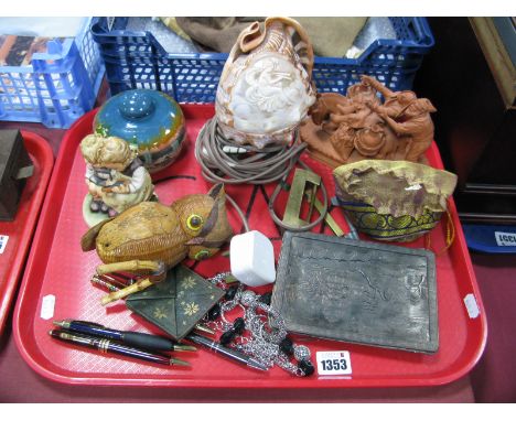 A Carved Shell Lamp, oriental white metal trinket trays, Goebel figure group, owl, etc:- One Tray