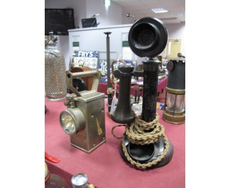 A 'Nife Batteries' Type NH 10 A Safety Lamp, and a 1940's candlestick telephone (damages and loss) (2)