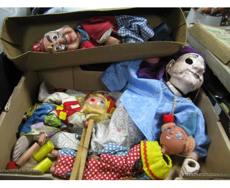 A Mid XIX Century Barnsbury Wooden Headed Puppet, of an old man (boxed), two Pelham style puppets and a Pirate puppet:- One B