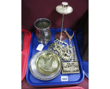 Horse Brasses, brass stamp box, letter opener, mug, Chesterfield souvenir dish, candlestick etc.