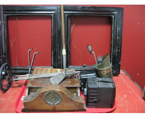 A Hickory Shafted Golf Club, picture frames, vintage camera's Edwardian mantle clock, shoe cleaning foot rest, Stentor stand 