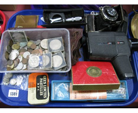 GB and World Coinage - silver content noted, power compact, micrometre, Roll-Op folding camera, cards etc:- One Try