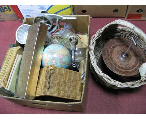 A Clock With Case Made out of Match Sticks, sketch books, jelly moulds, glass tots etc:- One Box, cake stand in basket.
