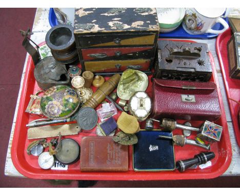 A Pocket Watch and Compass, ladies cigarette case, manicure set, medallions etc:- One Tray