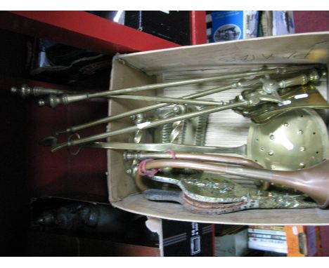 A Brass Companion Set, chestnut roaster, bellows, copper bugle.