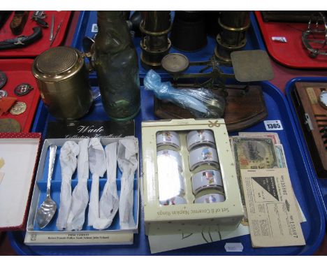 Banknotes, motor car ration book, letter scales and weights, cigarette dispenser, grapefruit spoons, etc:- One Tray