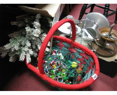 Scales &amp; Weights, oak two tier cake stand, glass and chrome example, cutlery, Christmas lights and tree.