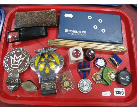 Steadtler Geometry Set, AA and Matlock and District Motor Club car badges, magnifying loops, rifle badges etc:- One Tray