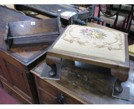 Oak Book Trough and Stool, with needlework top. (2)