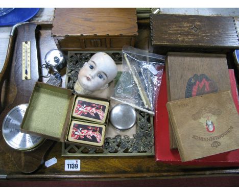 Cleeve Cottage and Tallent Coffer Jewel Caskets, barometer, dolls head, tray, etc.