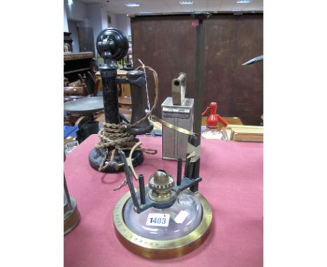 R &amp; J Beck Ltd, London Instrument Stand, with glass oil lamp well, moveable on vertical inches measure rod, makers stamp 