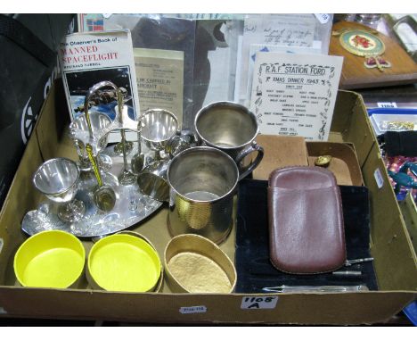 Egg Cruet Stand, engine turned mugs, part geometry set, RNYC button, RAF at War replica ephemera, The Observers Book of Manne