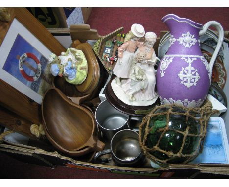 A XIX Century Pottery Jug, cuckoo clock, plates, glass float, figures, seashells etc:- One Box